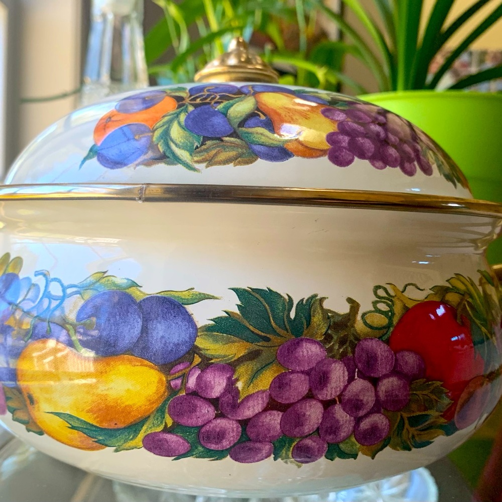 Enamel Regency serving dish colorful fruit design 8 inch wide 3 1/2 inches deep.